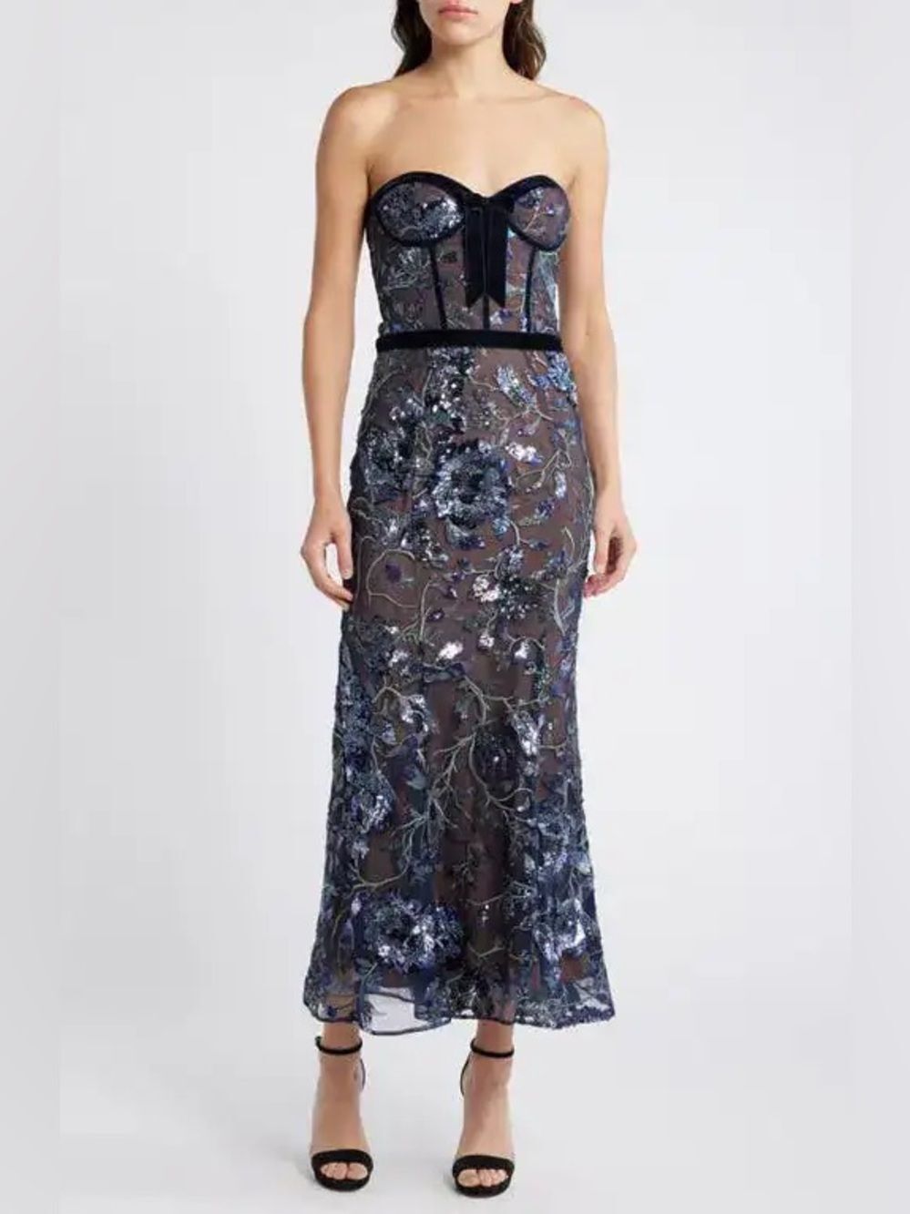 Marchesa Climbing Vines Midi Dress Crystal Ocean Strapless Sequin Embroidery